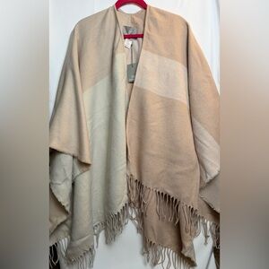 SOIA & KYO Colorblock Fringe Ruana Poncho Wrap NWT Beige Cream